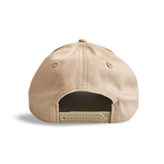 A back view of a beige snapback baseball cap with a adjustable cap strap on a white backdrop.