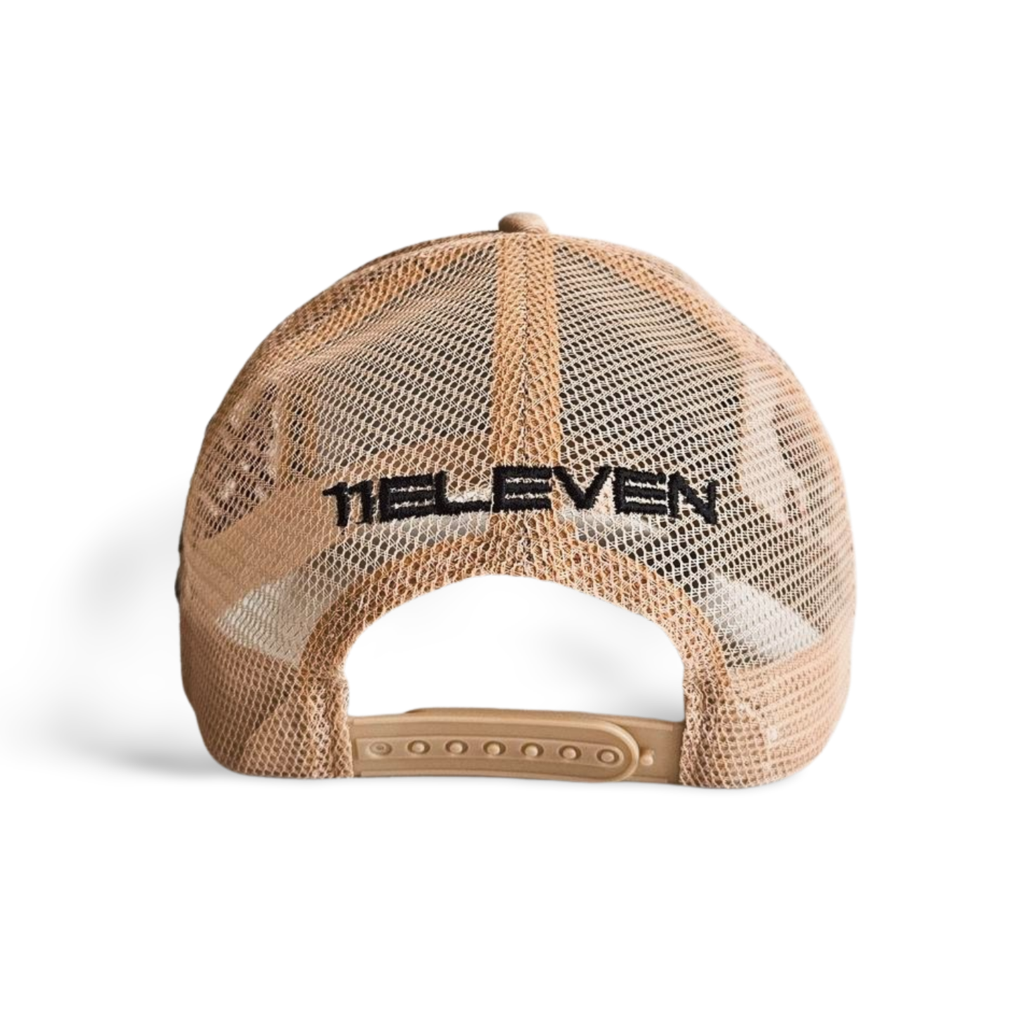 A back view of a beige snapback trucker cap with an embroidered black 11.11 logo on a mesh trucker snapback cap with an adjustable cap strap on a white backdrop.