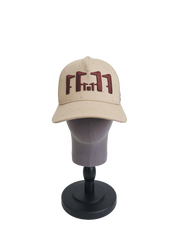 A front view of a beige snapback trucker cap on a mannequin head with an embroidered brown 11.11 number logo