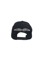 Back view of black corduroy Palestine snapback hat with embroidered white angel wings above adjustable strap, pro-Palestine streetwear with symbolic design and snapback closure.