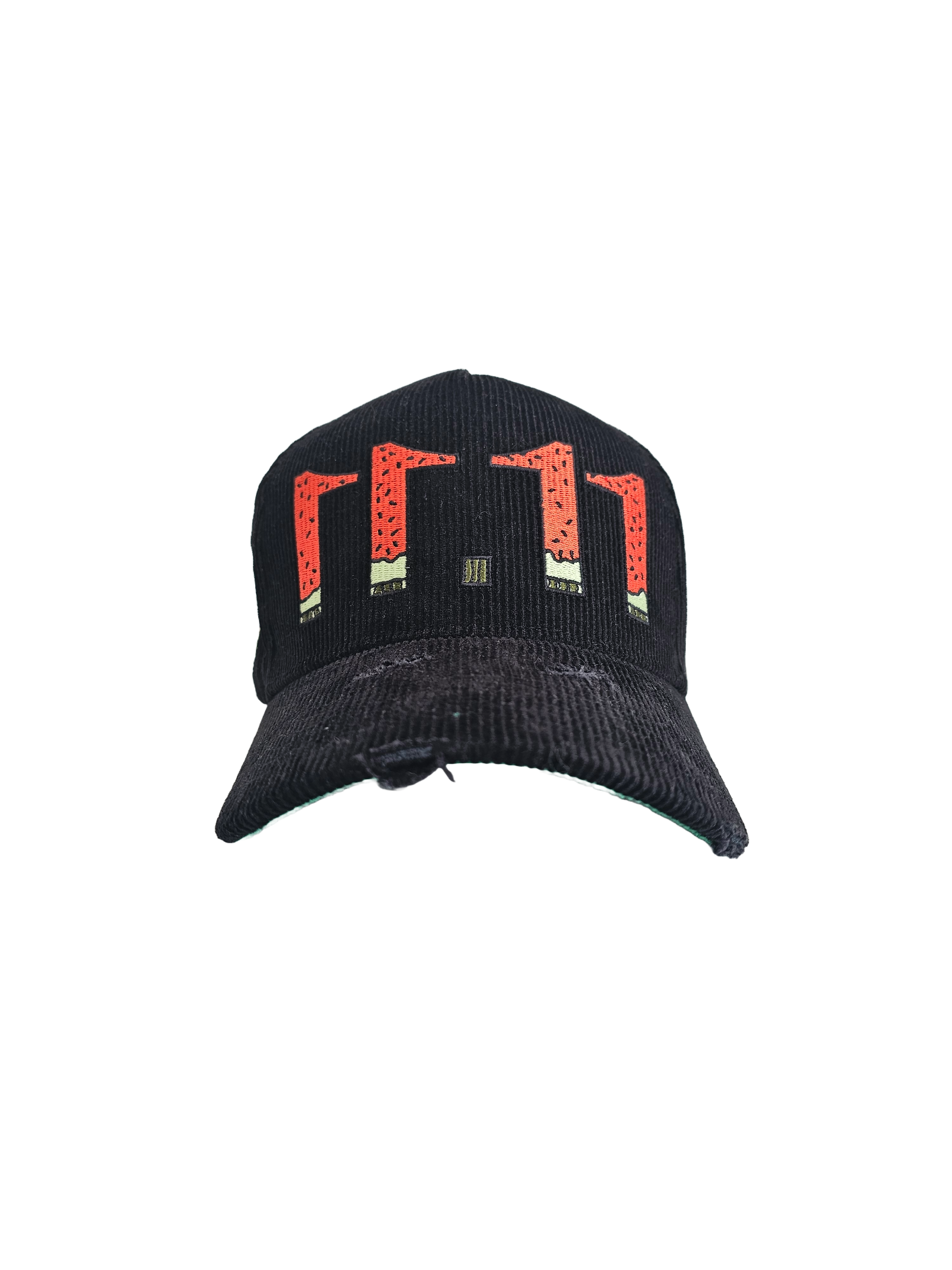 Palestine snapback cap with 11:11 logo in watermelon colors, black corduroy hat with red, green, white, and black embroidery, pro-Palestine streetwear with distressed brim
