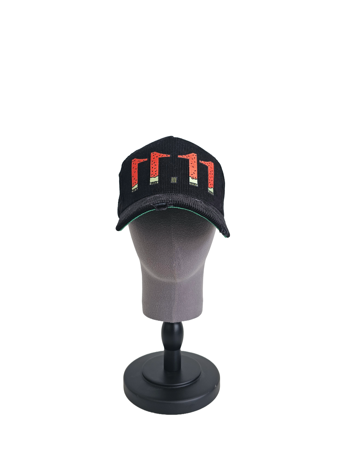 Palestine snapback cap with 11:11 logo in watermelon colors, black corduroy hat with red, green, white, and black embroidery, pro-Palestine streetwear with distressed brim