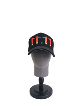 Palestine snapback cap with 11:11 logo in watermelon colors, black corduroy hat with red, green, white, and black embroidery, pro-Palestine streetwear with distressed brim