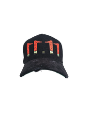 Palestine snapback cap with 11:11 logo in watermelon colors, black corduroy hat with red, green, white, and black embroidery, pro-Palestine streetwear with distressed brim