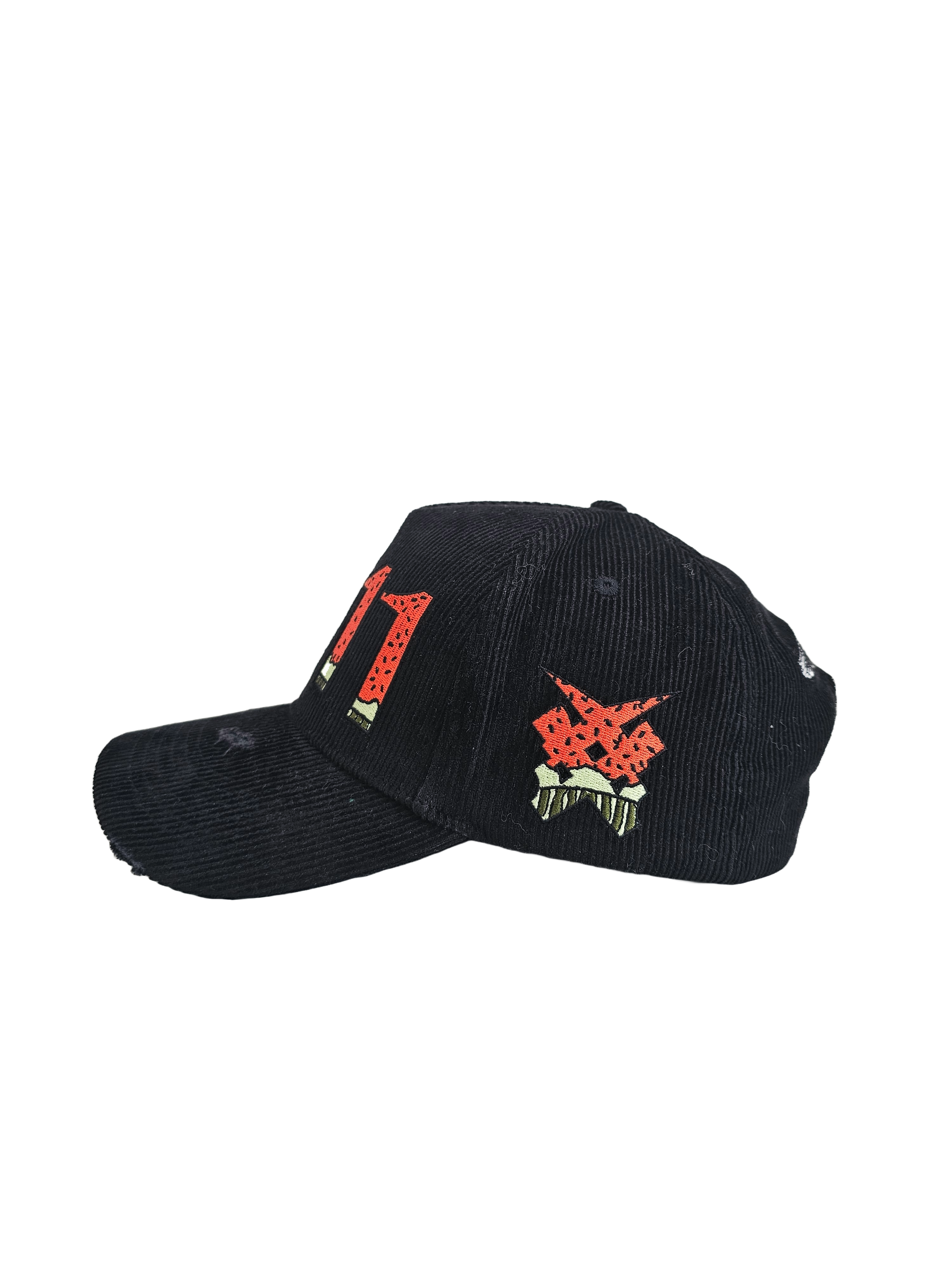 Side view of black corduroy Palestine snapback hat with 11:11 logo and embroidered watermelon slice. pro-Palestine streetwear with distressed brim and symbolic design.