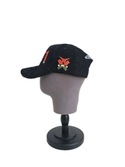 Side view of black corduroy Palestine snapback hat with 11:11 logo and embroidered watermelon slice. pro-Palestine streetwear with distressed brim and symbolic design.